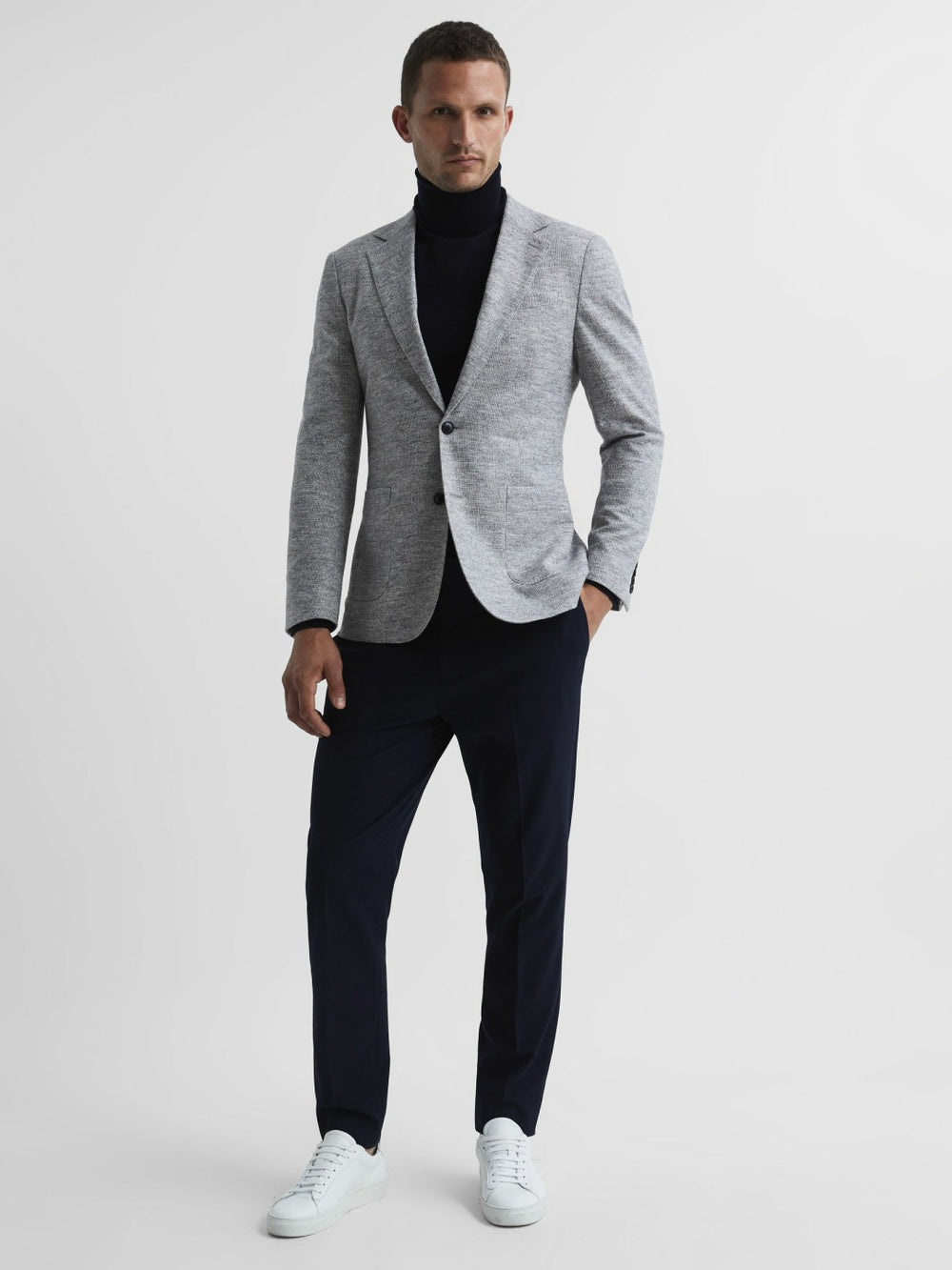 Slim Fit Merino Wool Roll Neck Jumper in Navy