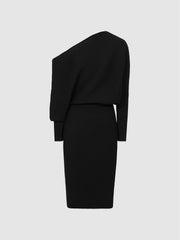 Off-The-Shoulder Ribbed Midi Dress in Black