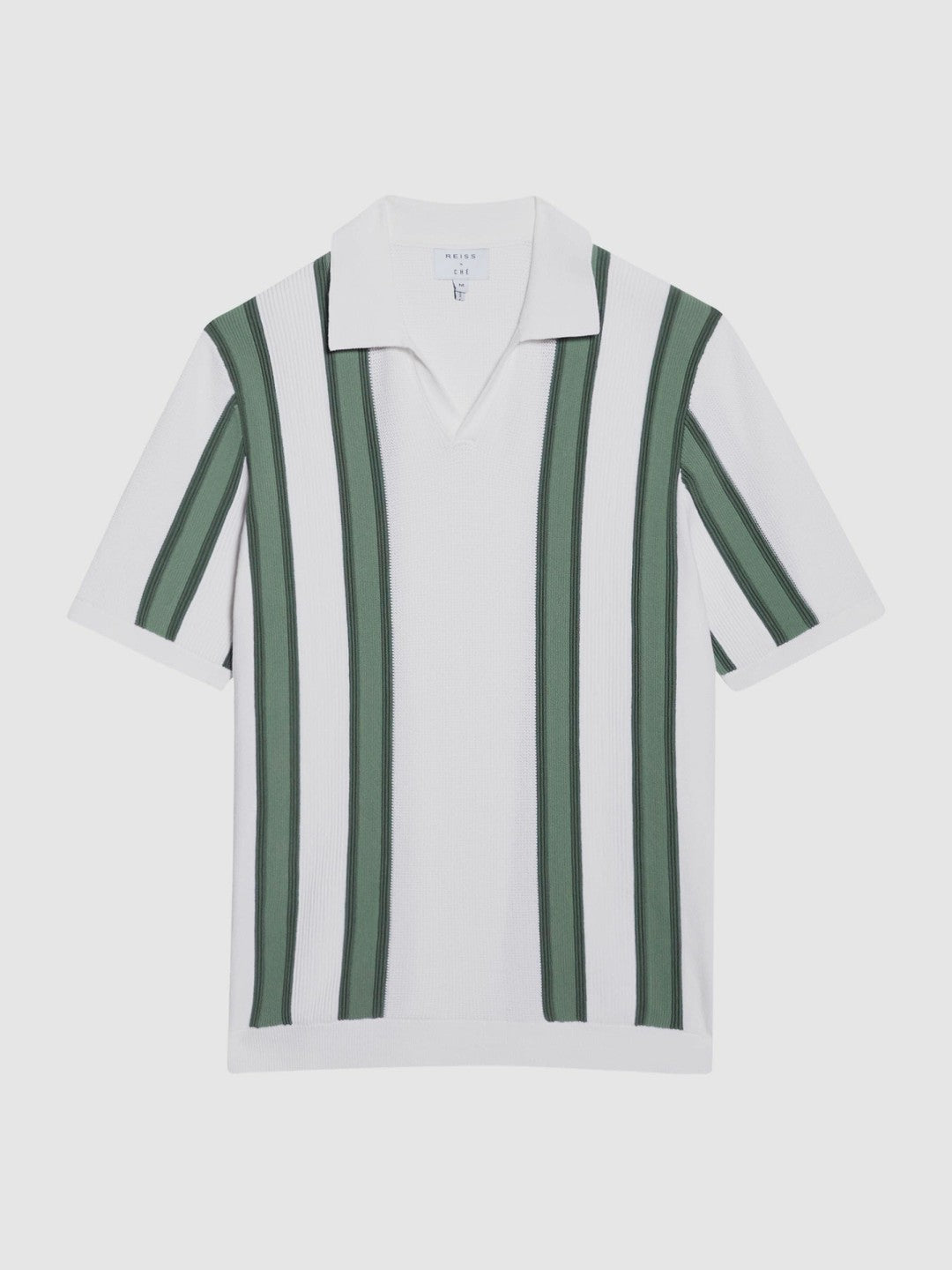 Open Collar Striped Polo T-Shirt in White/Sage