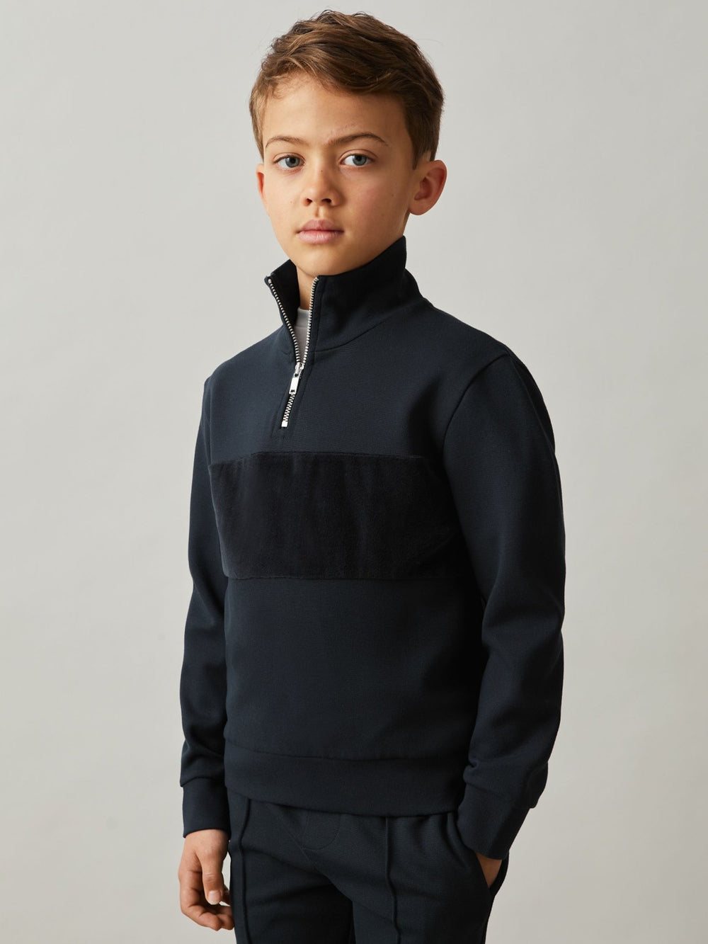 3-9 yrs Slim Fit Half-Zip Funnel Neck Velour Sweatshirt in Navy