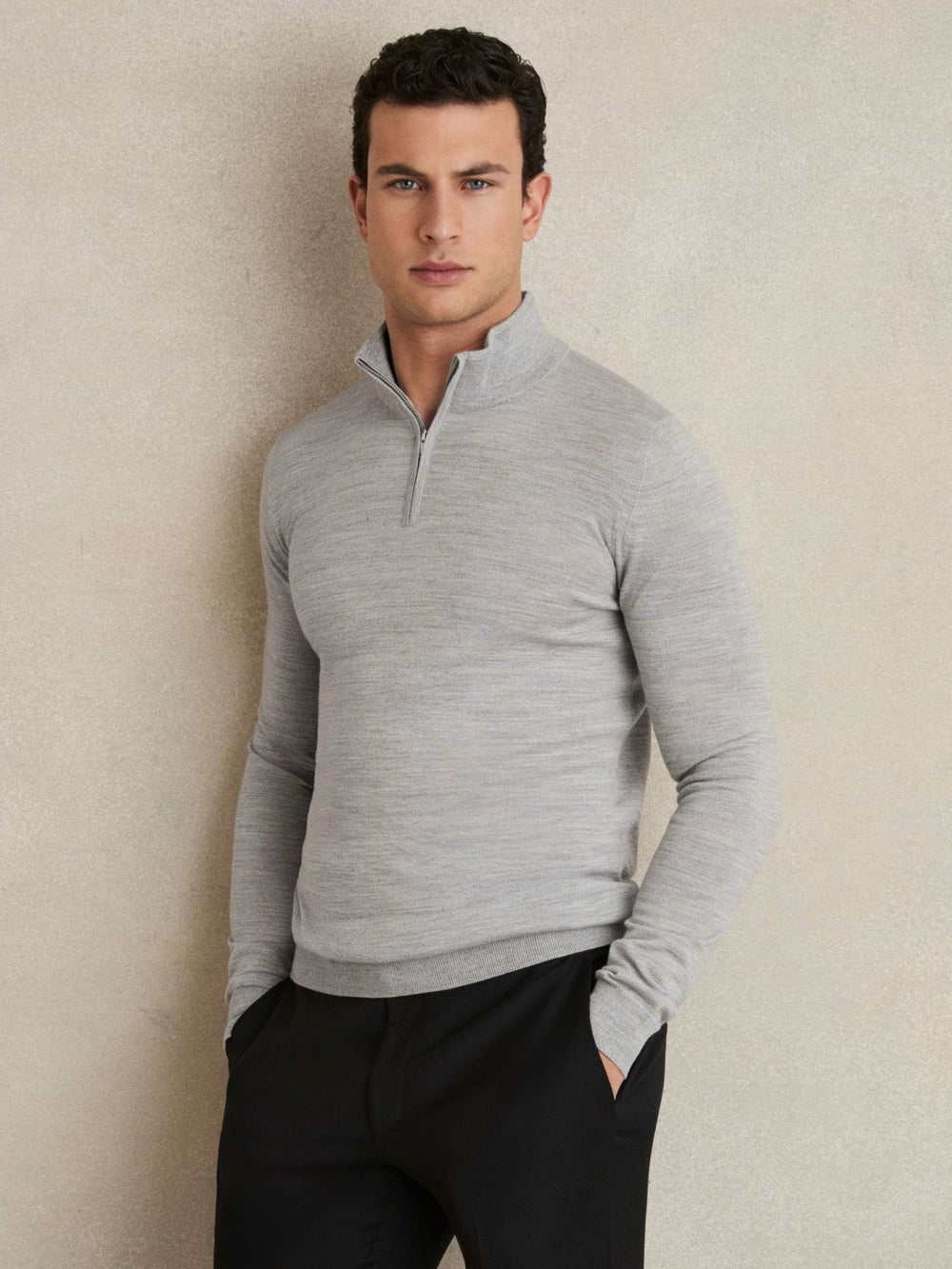 Merino Wool Half-Zip Jumper in Soft Grey Mouline