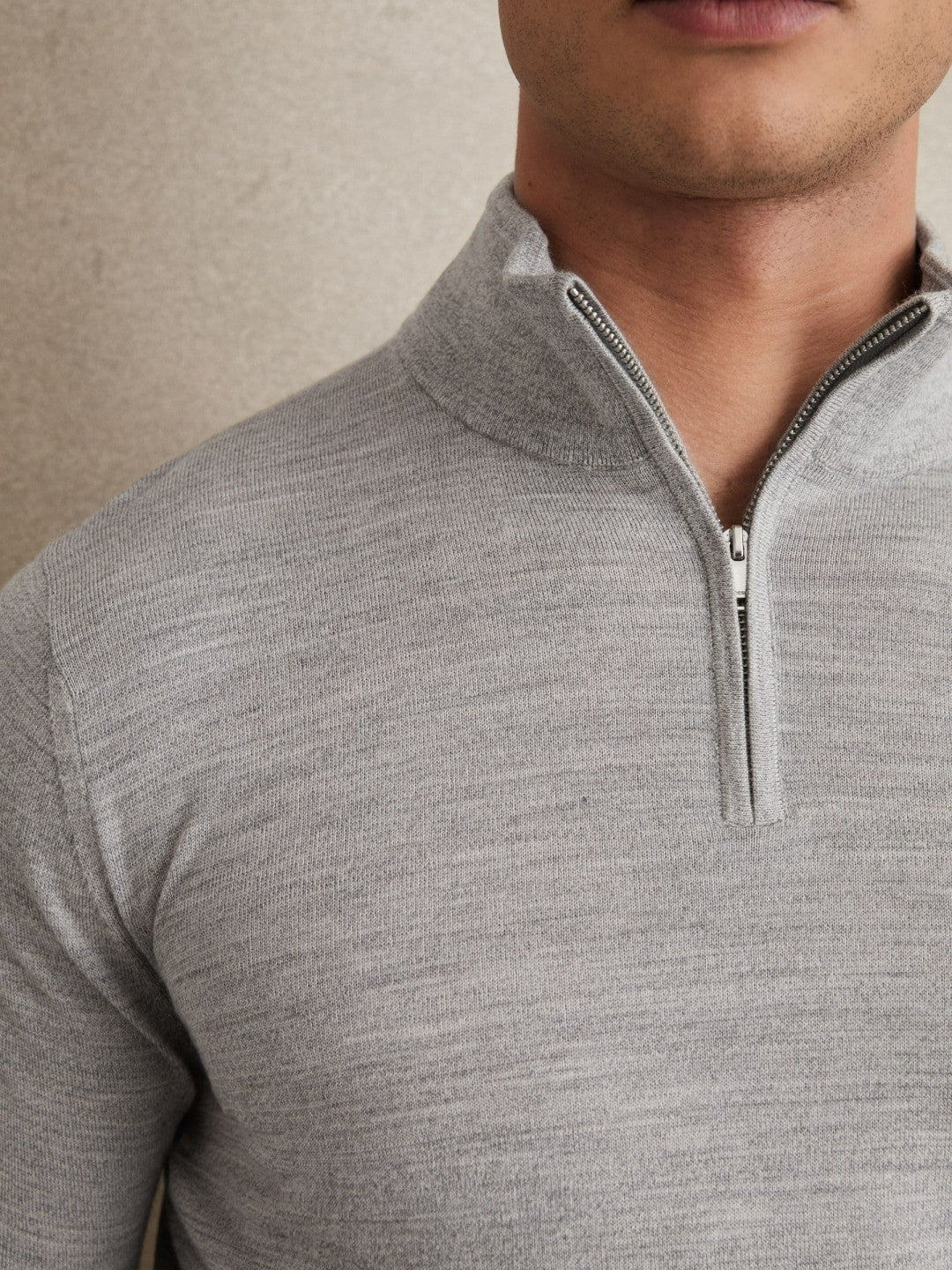 Merino Wool Half-Zip Jumper in Soft Grey Mouline