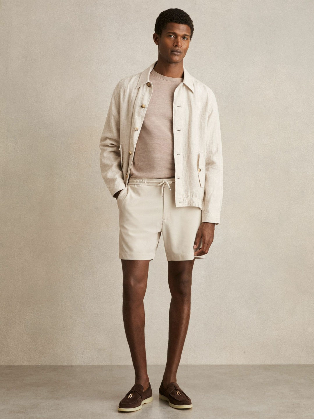 Textured Drawstring Shorts in Stone