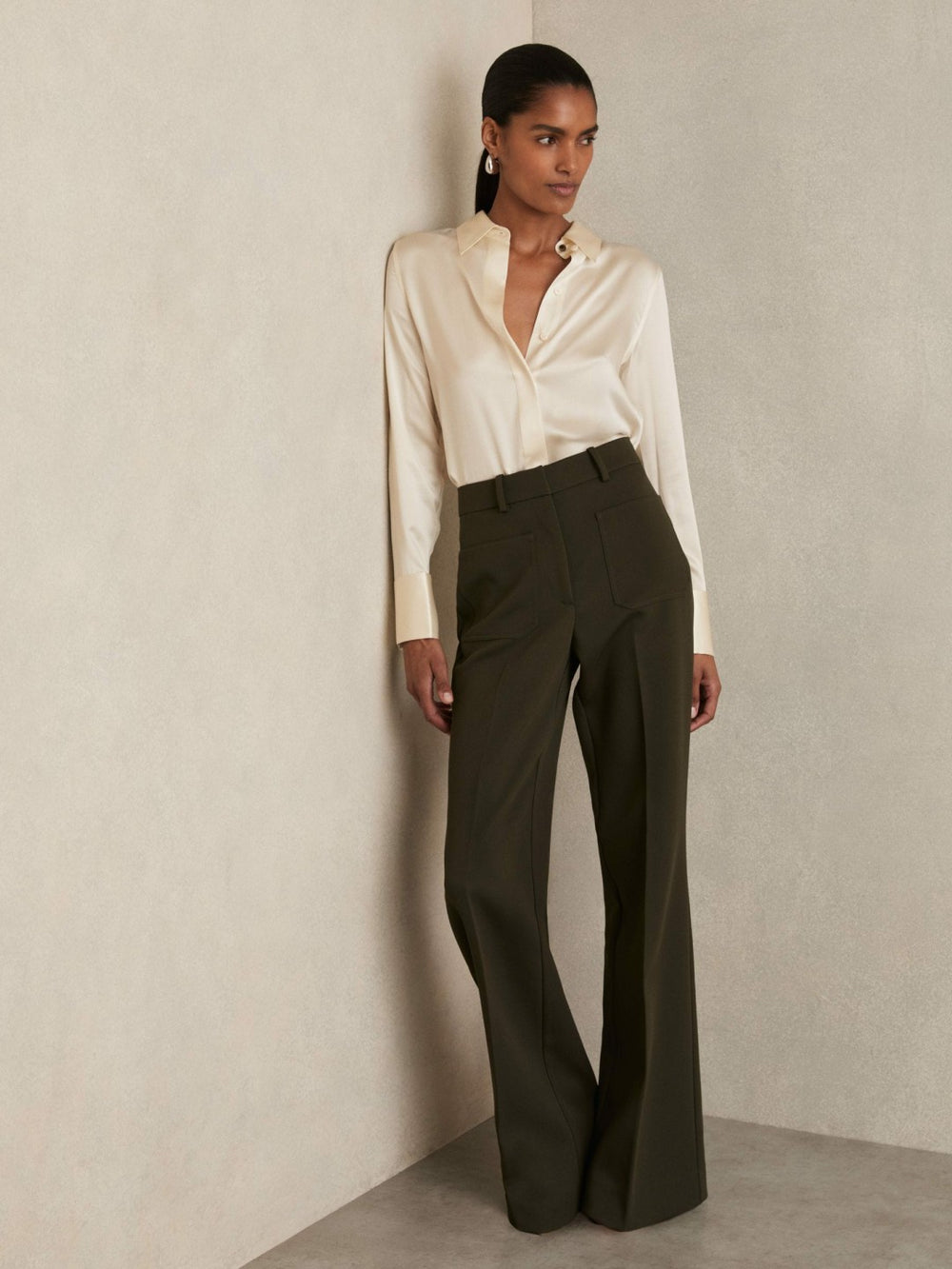 Silk-Satin Concealed-Placket Shirt in Ivory