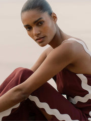 Wave-Trim Crepe Midi Dress in Burgundy