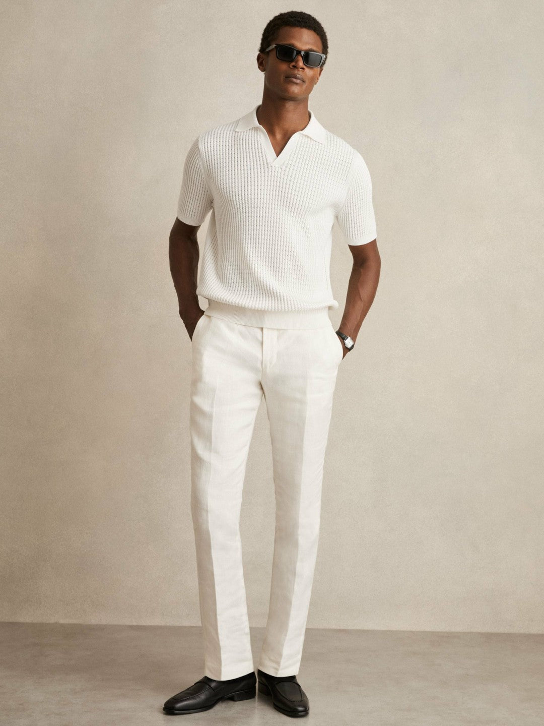 Micro-Cable Open-Collar Cotton-Blend Shirt in White