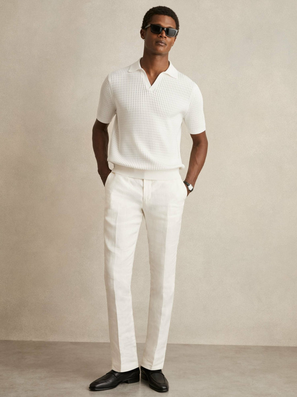 Micro-Cable Open-Collar Cotton-Blend Shirt in White