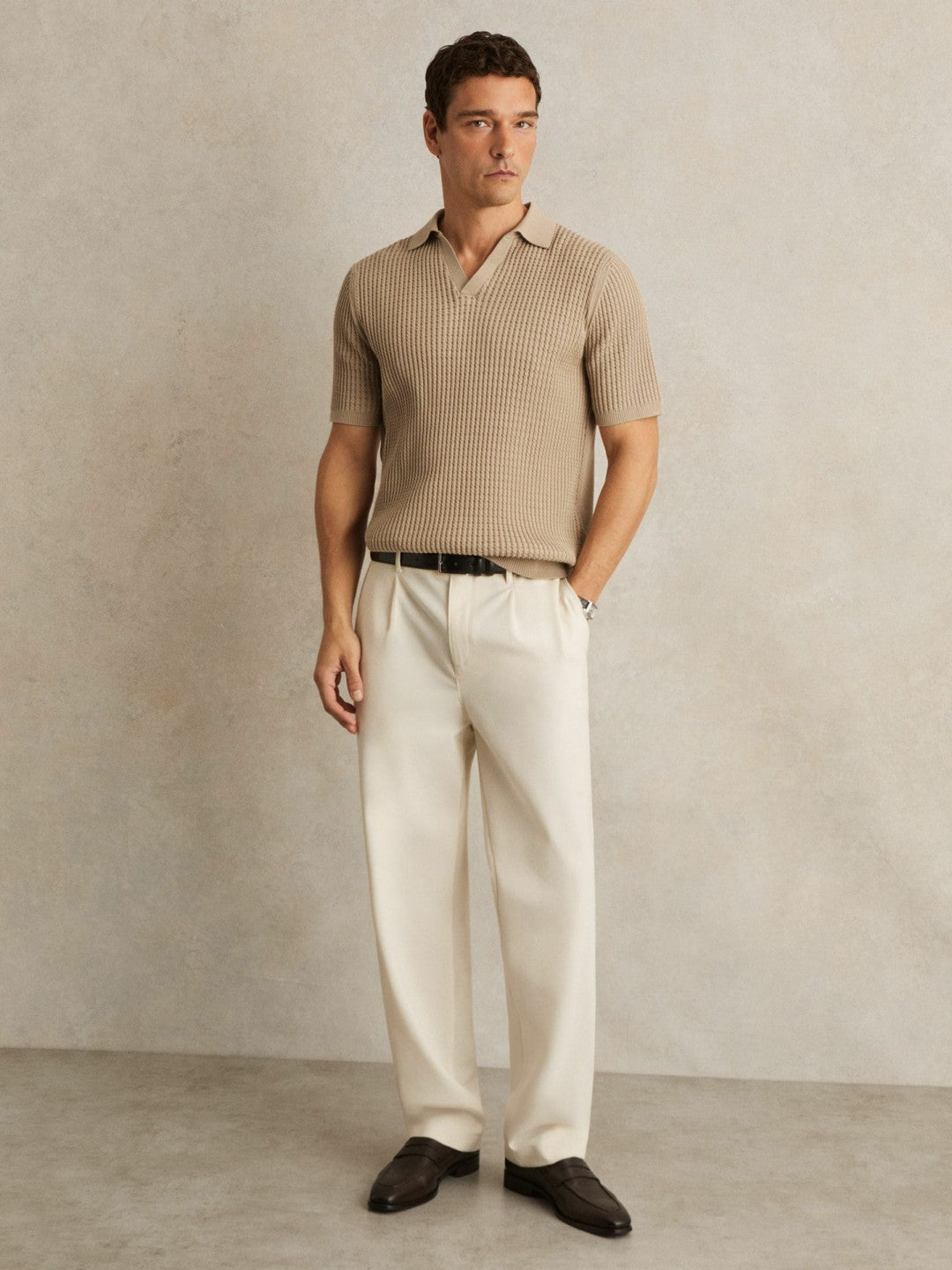 Micro-Cable Open-Collar Cotton-Blend Shirt in Light Camel Brown