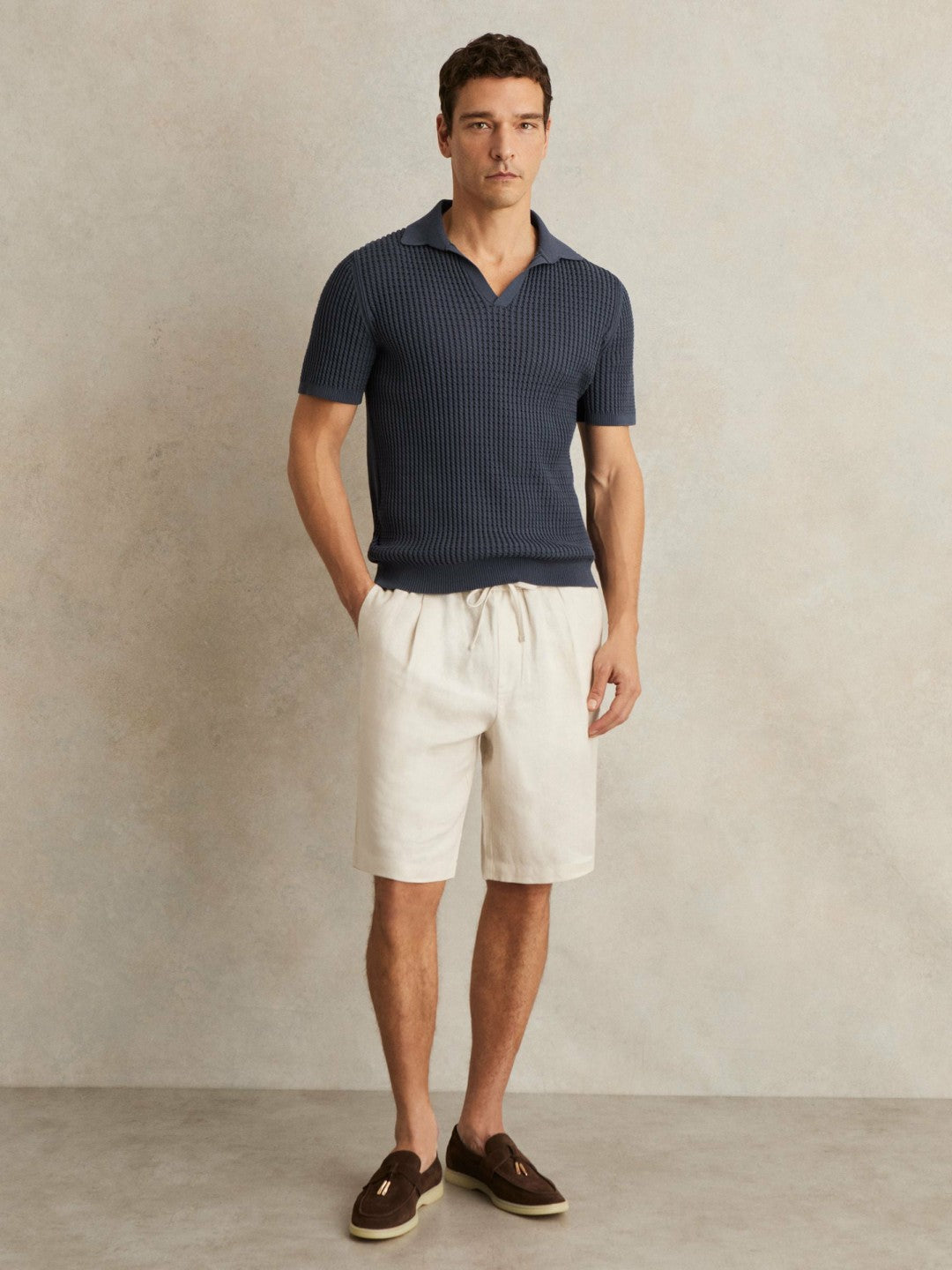 Micro-Cable Open-Collar Cotton-Blend Shirt in Dark Airforce Blue