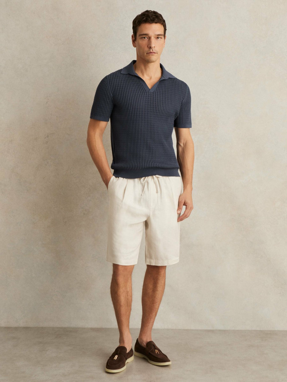 Micro-Cable Open-Collar Cotton-Blend Shirt in Dark Airforce Blue