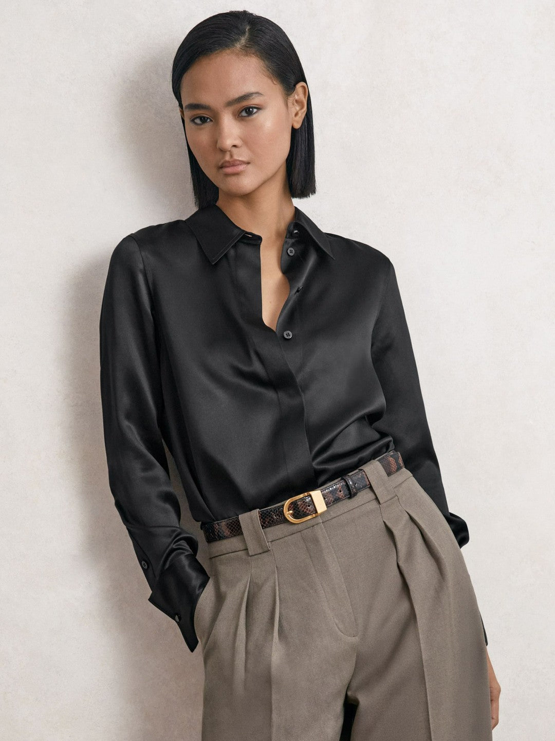 Silk-Satin Concealed-Placket Shirt in Black