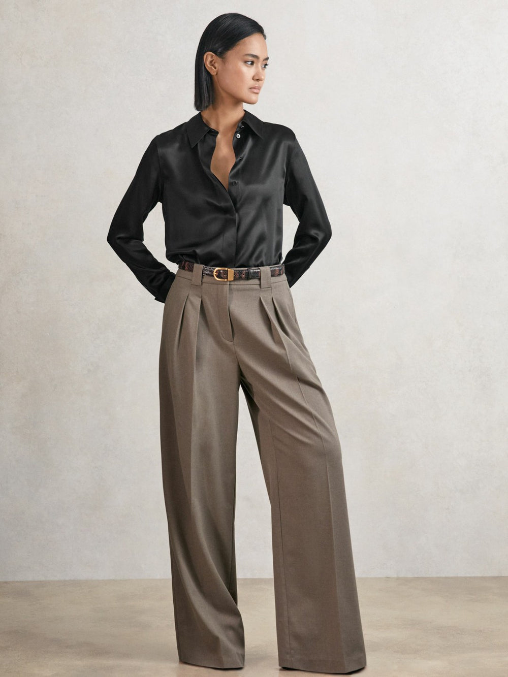 Silk-Satin Concealed-Placket Shirt in Black