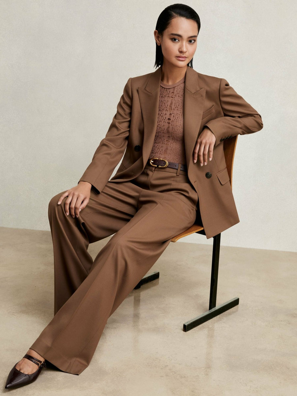 Petite Wool-Blend Wide-Leg Suit Trousers in Tan