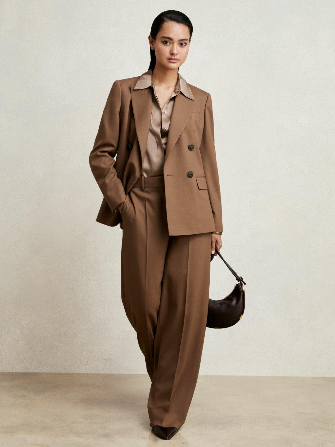 Petite Wool-Blend Wide-Leg Suit Trousers in Tan