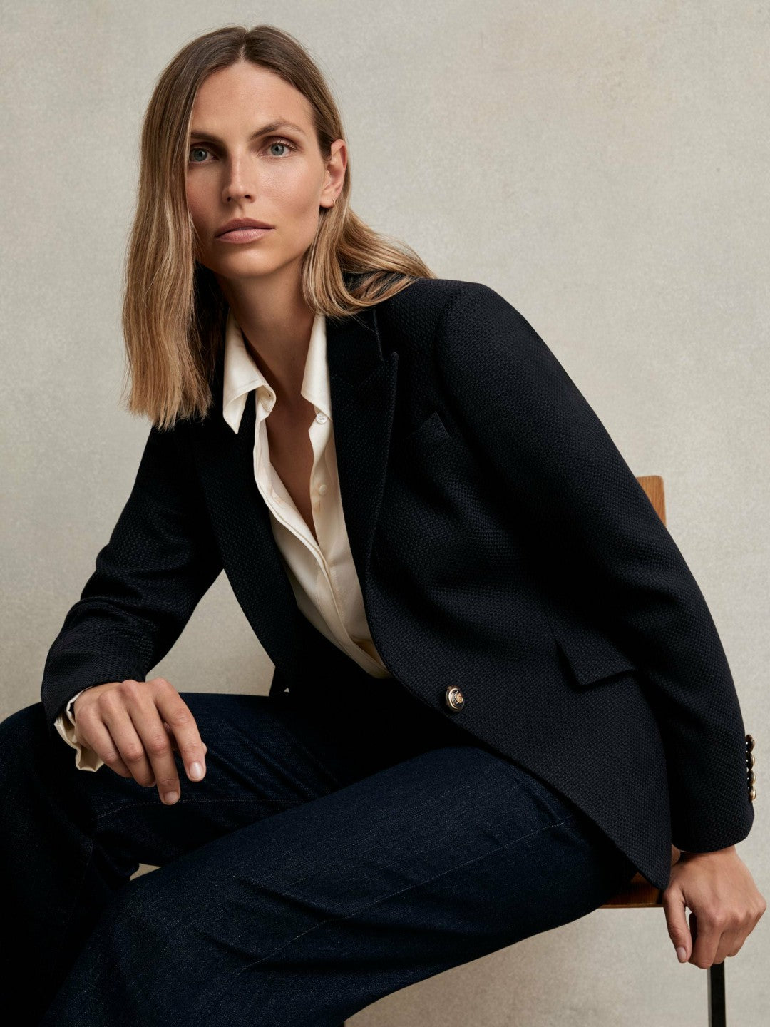 Single-Breasted Textured Blazer Wool-Blend in Navy