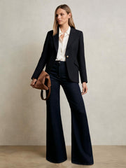 Single-Breasted Textured Blazer Wool-Blend in Navy