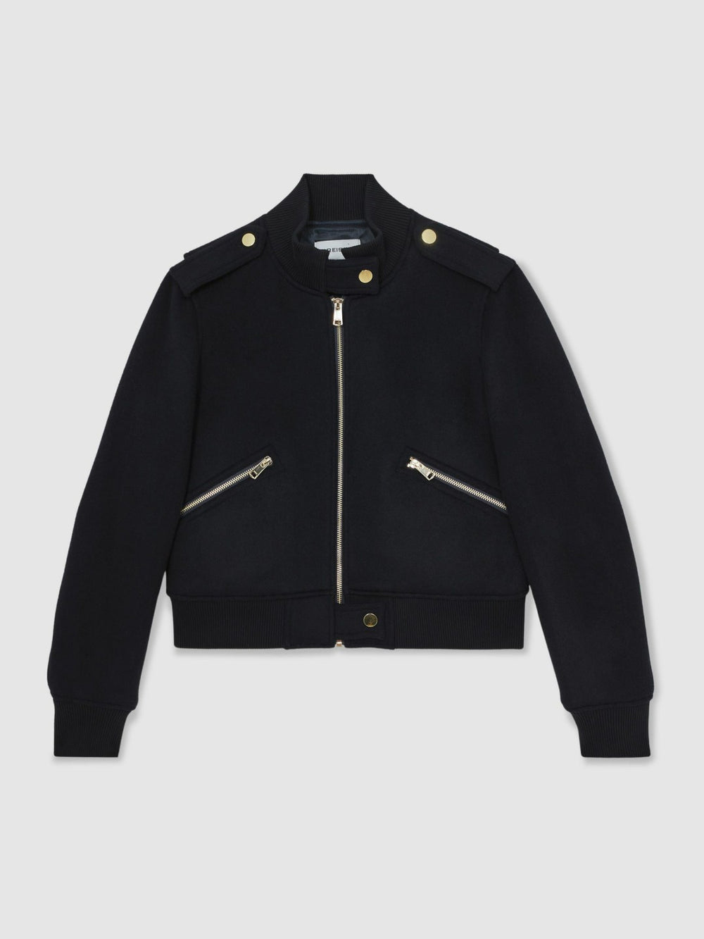 Brushed Wool Epaulette Bomber Jacket in Navy