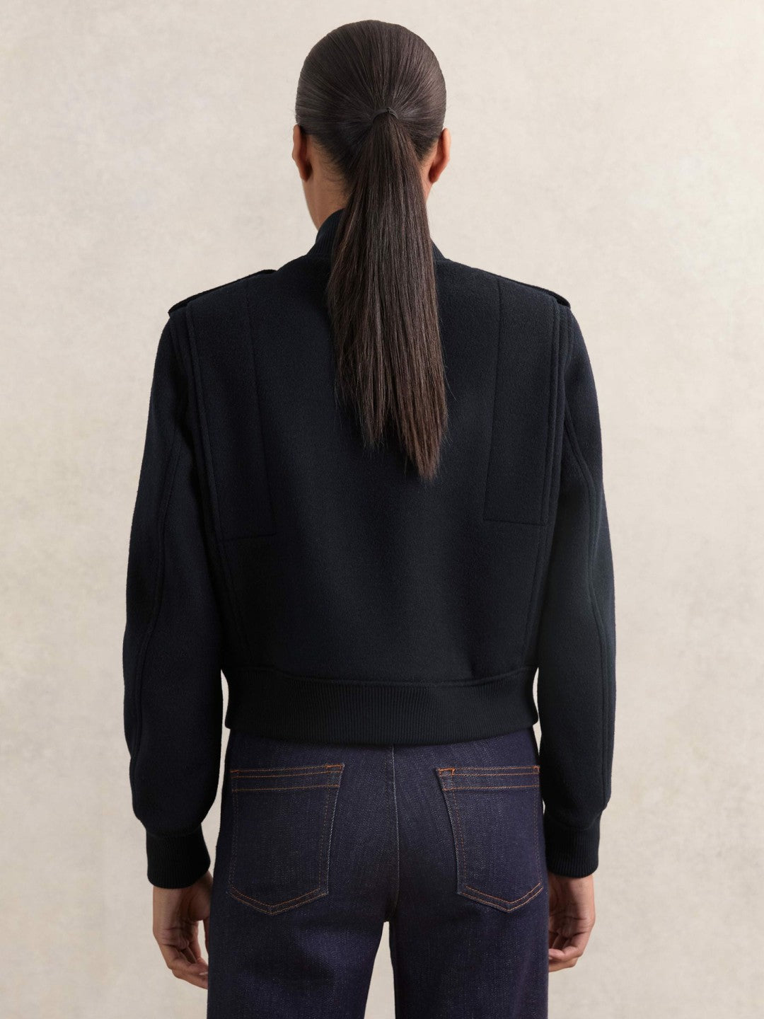 Brushed Wool Epaulette Bomber Jacket in Navy