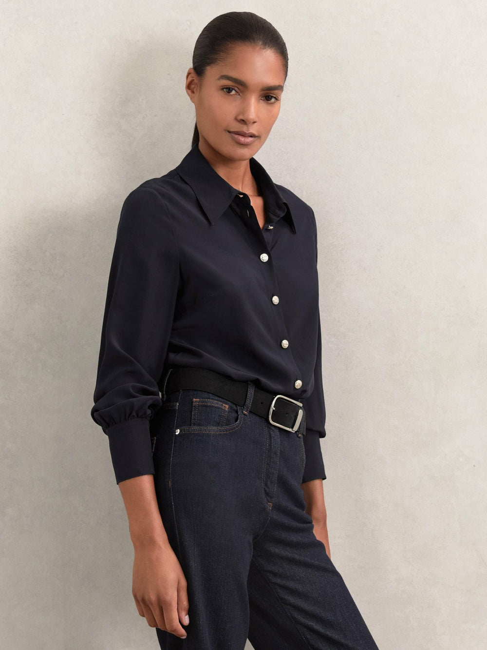 Silk Embossed-Button Shirt in Navy
