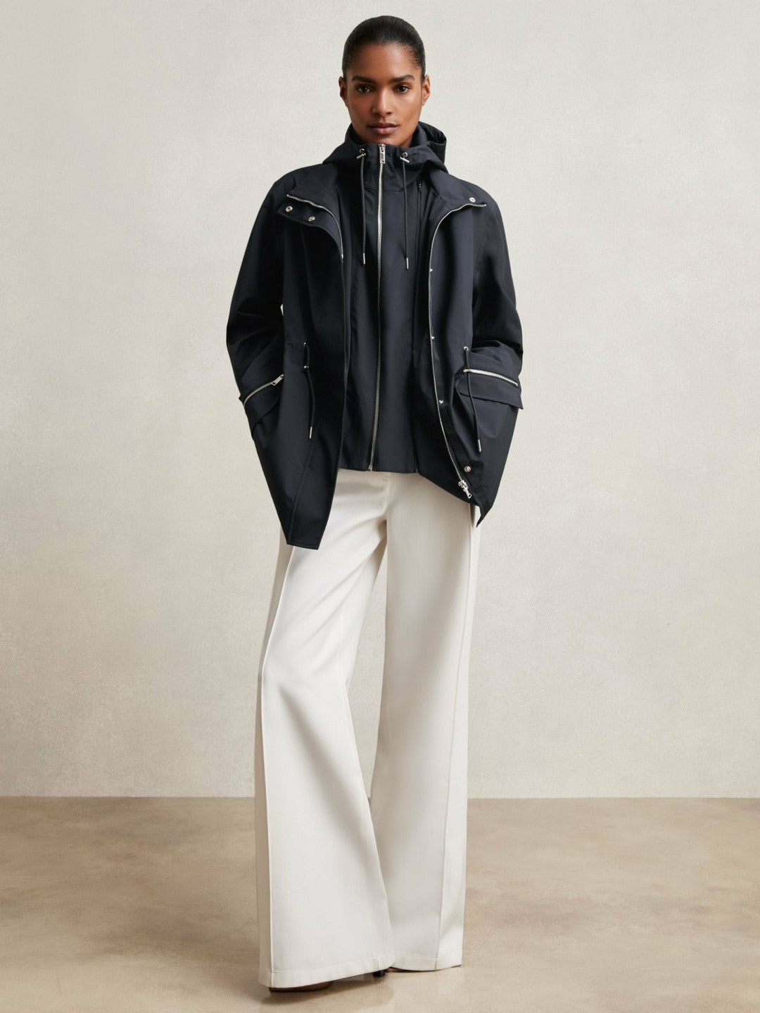 Removable-Hood Rain Coat in Navy