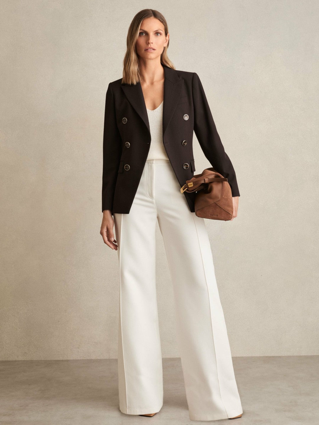 Petite Wool-Blend Double-Breasted Blazer in Chocolate Brown