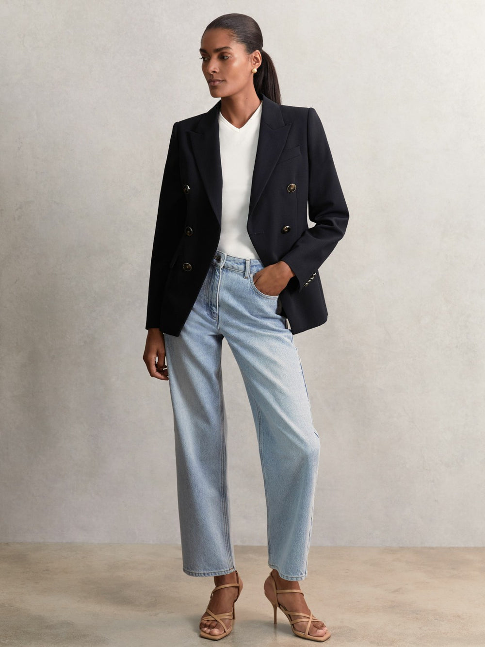 Wool-Blend Double-Breasted Blazer in Navy