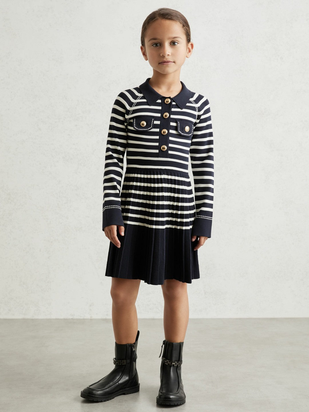 9-13 yrs Button-Detail Stripe Knitted Dress in Navy/White