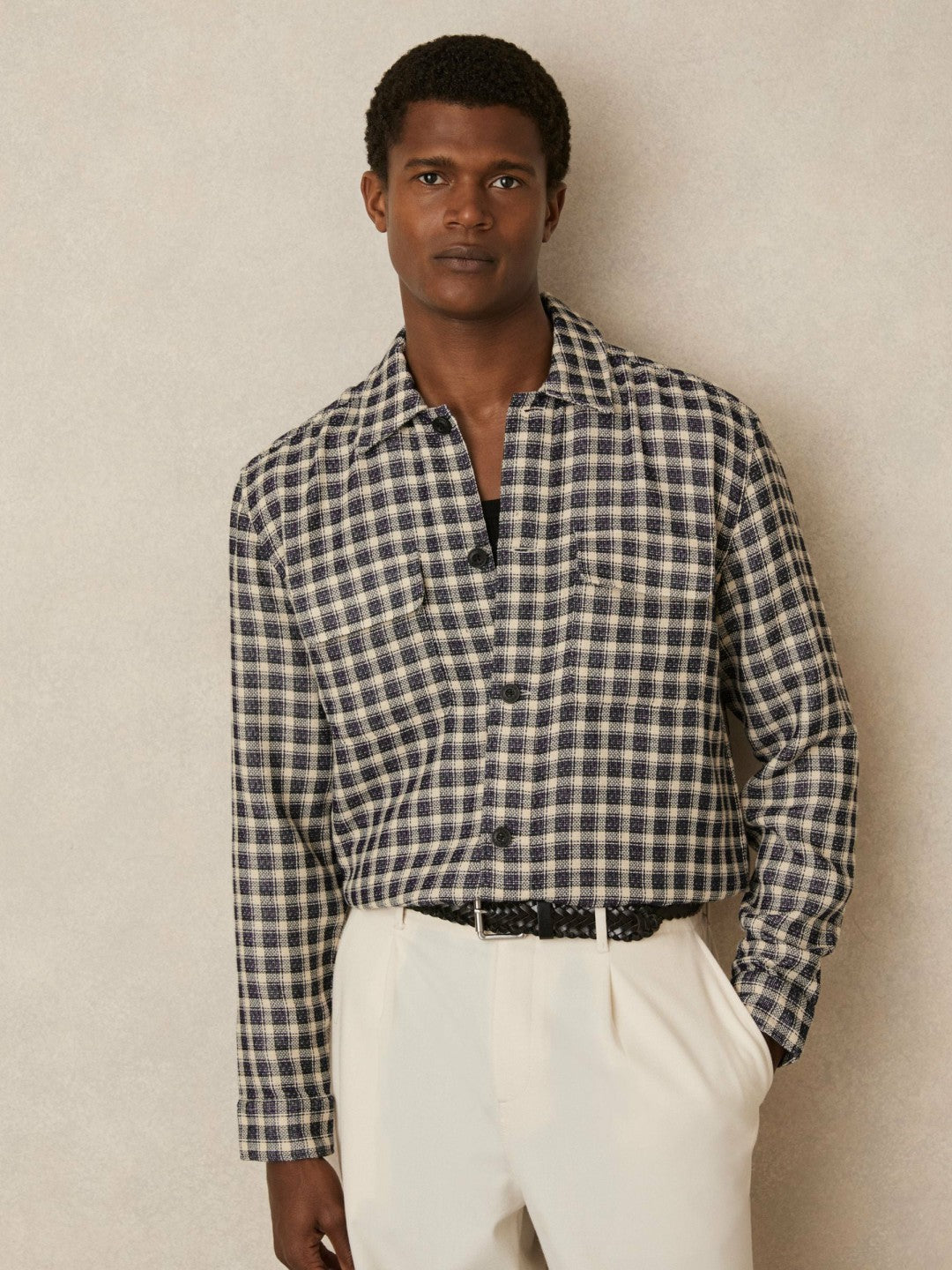 Woven Check Twin Pocket Overshirt in Navy/White