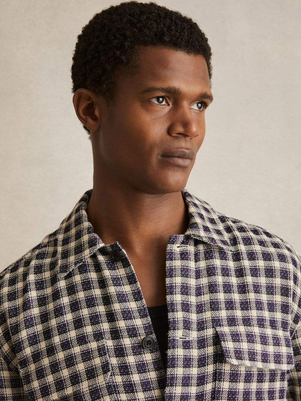 Woven Check Twin Pocket Overshirt in Navy/White