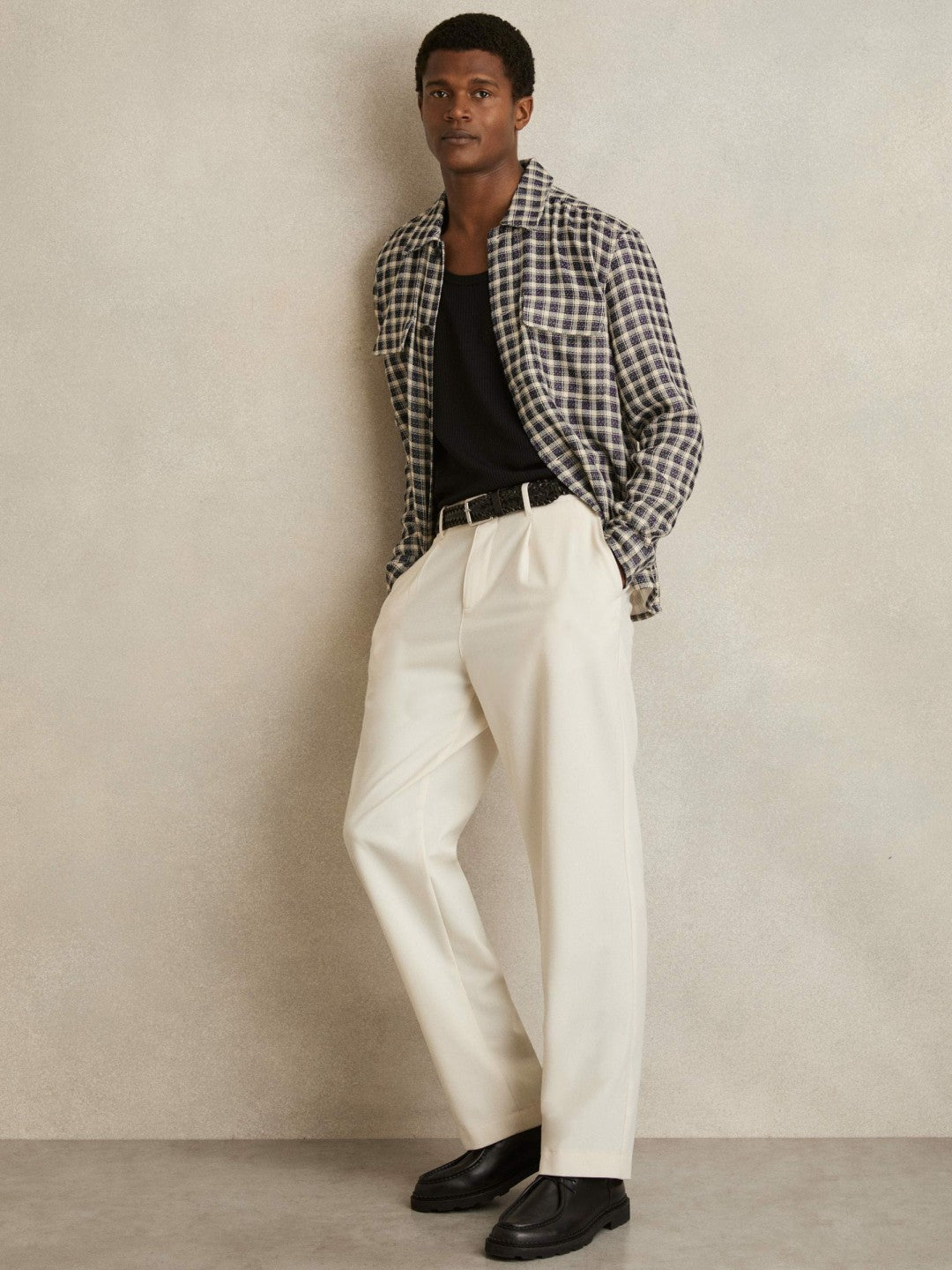 Woven Check Twin Pocket Overshirt in Navy/White