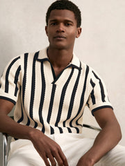 Cotton Blend Stripe Knit Polo Shirt in Off White/Navy