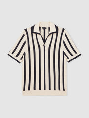Cotton Blend Stripe Knit Polo Shirt in Off White/Navy