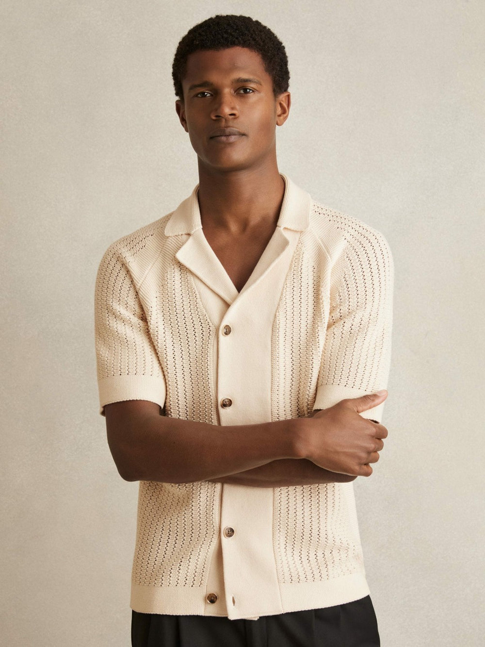 Cotton Textured-Knit Cuban-Collar Shirt in Light Stone