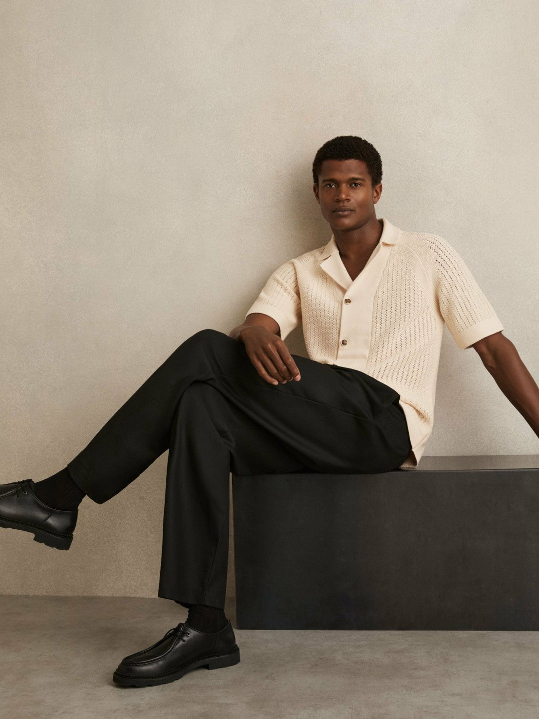 Cotton Textured-Knit Cuban-Collar Shirt in Light Stone