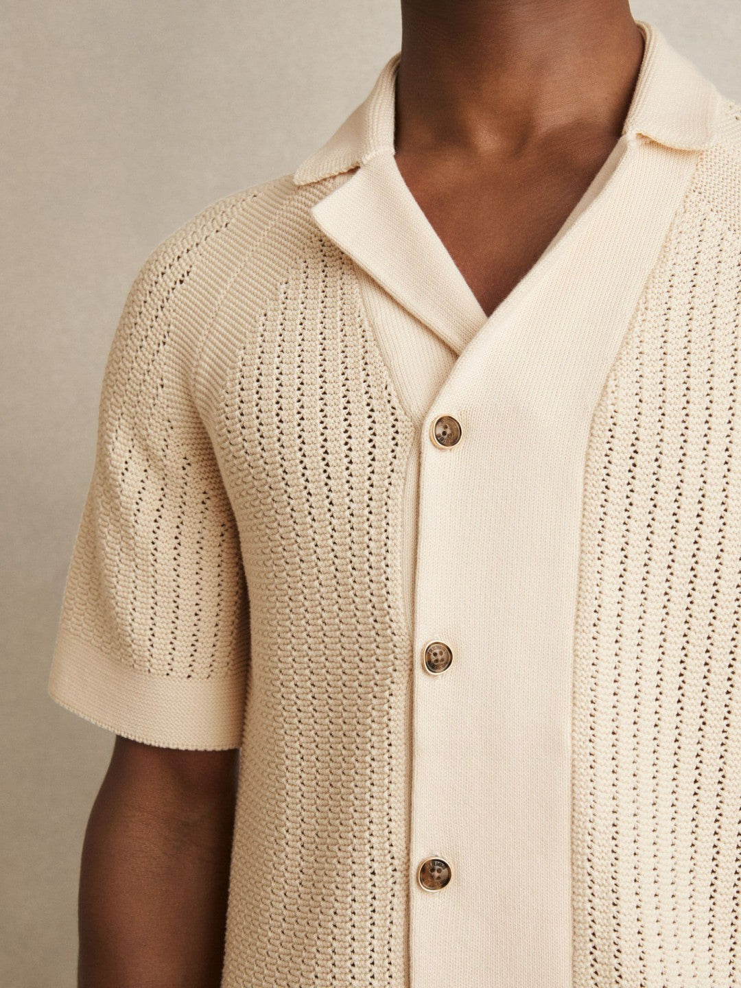 Cotton Textured-Knit Cuban-Collar Shirt in Light Stone