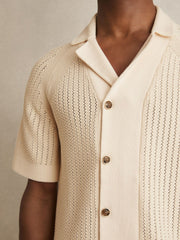 Cotton Textured-Knit Cuban-Collar Shirt in Light Stone