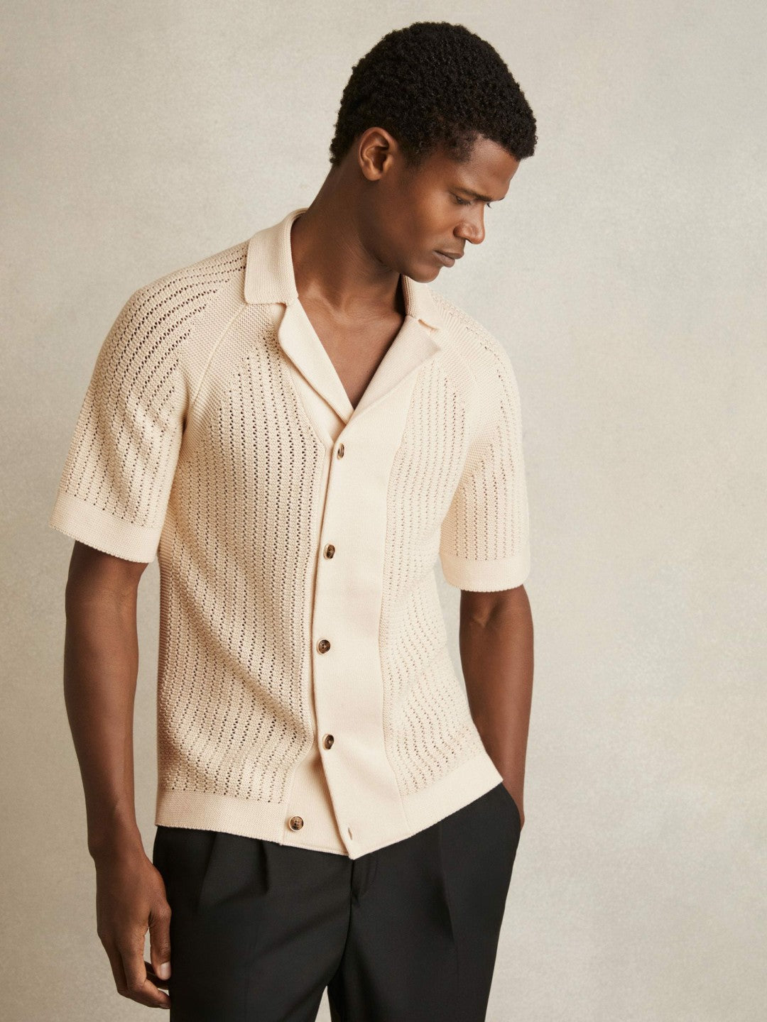 Cotton Textured-Knit Cuban-Collar Shirt in Light Stone