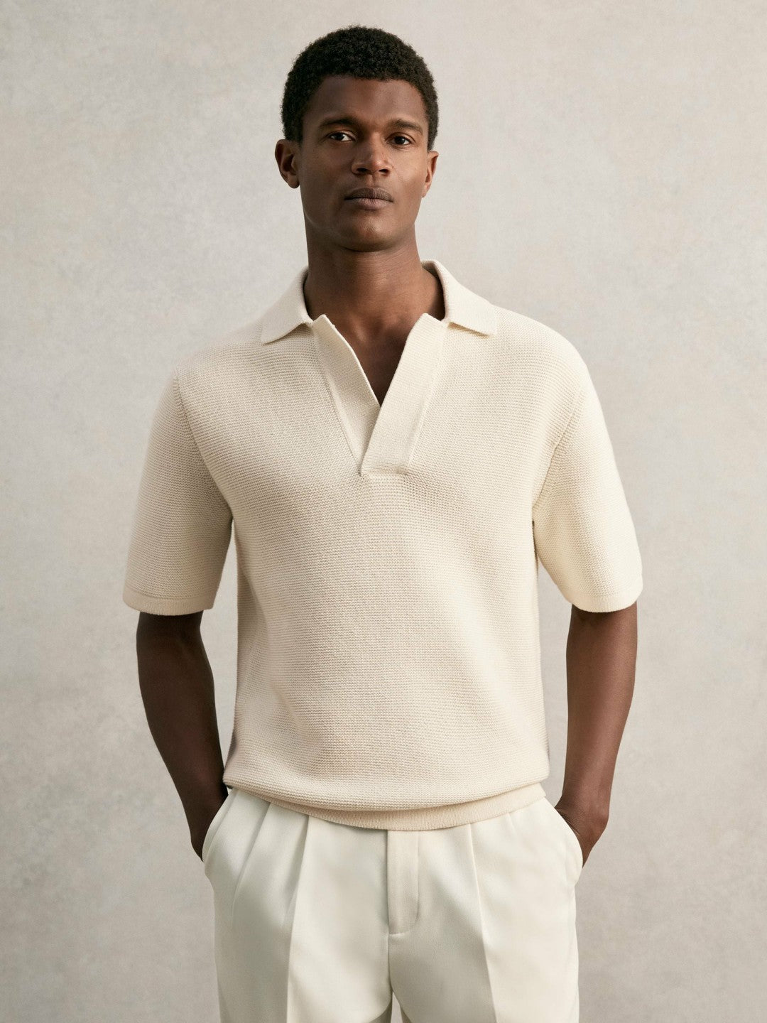 Oversize Textured Polo Shirt Cotton-Blend in Off White