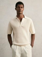 Oversize Textured Polo Shirt Cotton-Blend in Off White