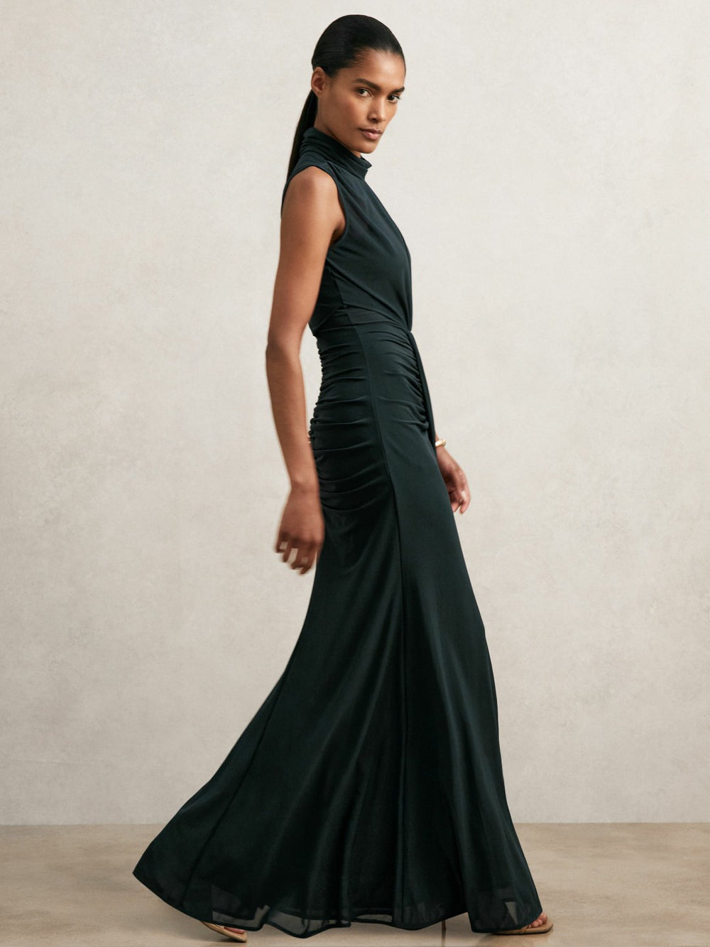 Sheer Ruched Maxi Dress in Teal