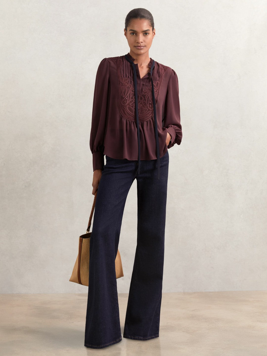 Lace-Embroidered Tie-Neck Shirt in Burgundy