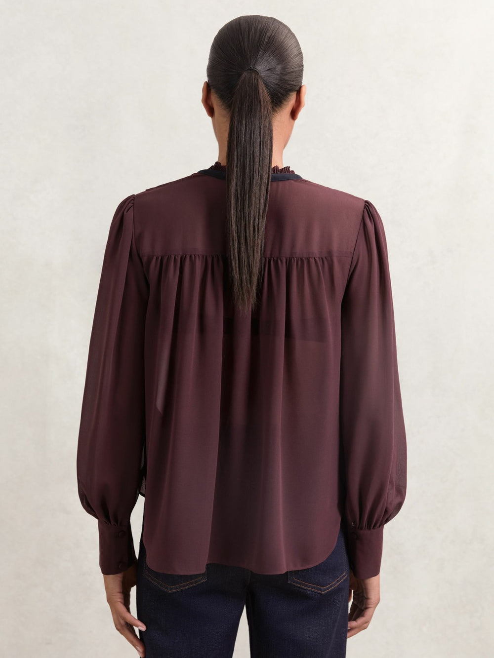 Lace-Embroidered Tie-Neck Shirt in Burgundy
