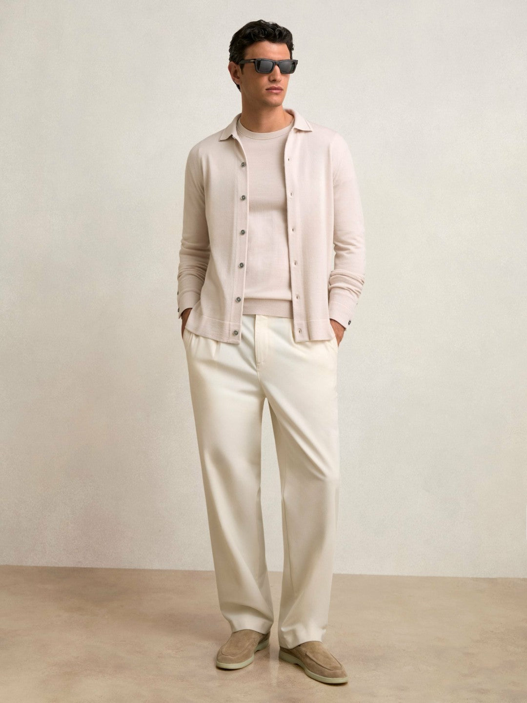 Merino Wool Button-Through Cardigan in Beige