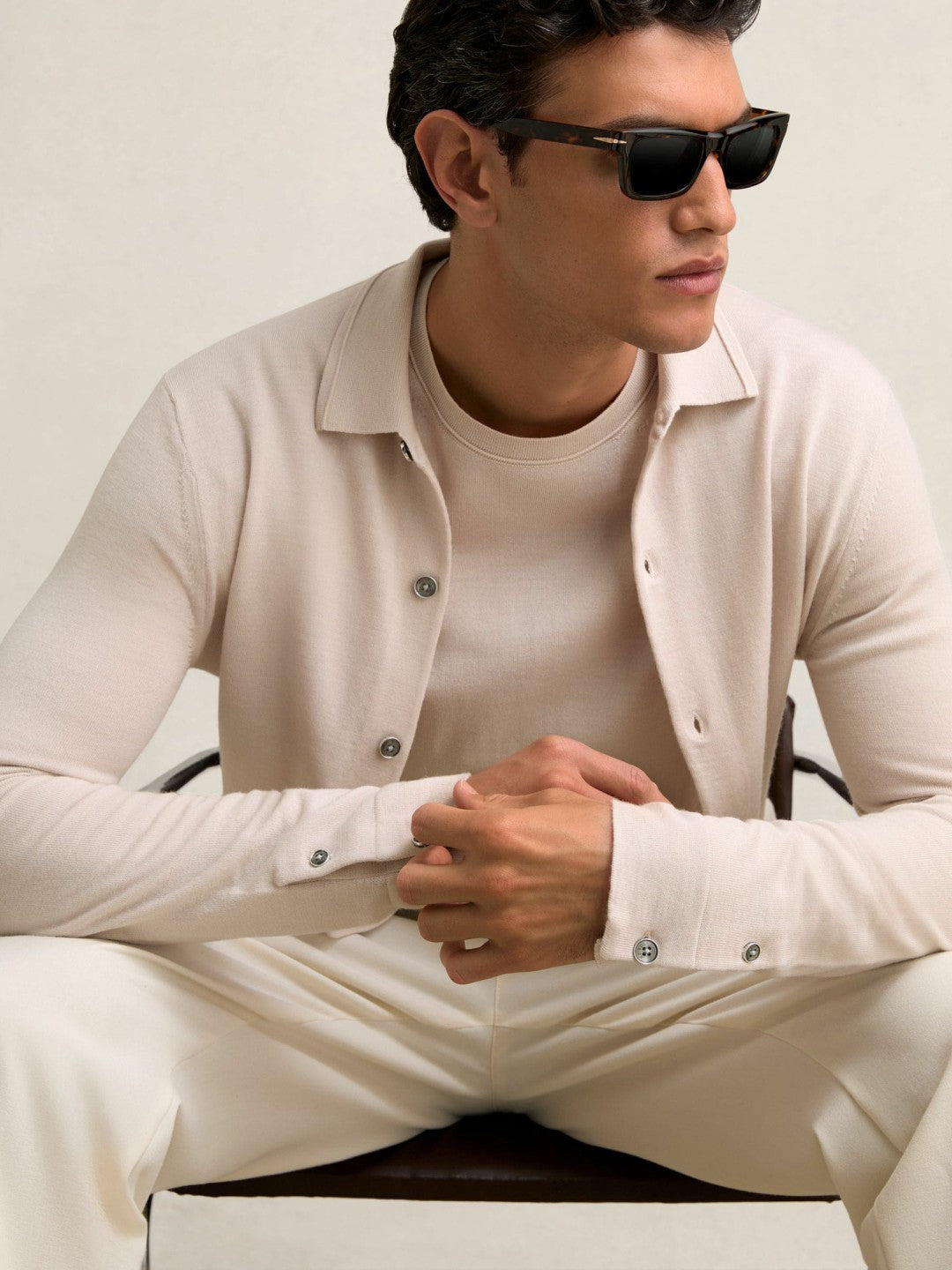 Merino Wool Button-Through Cardigan in Beige