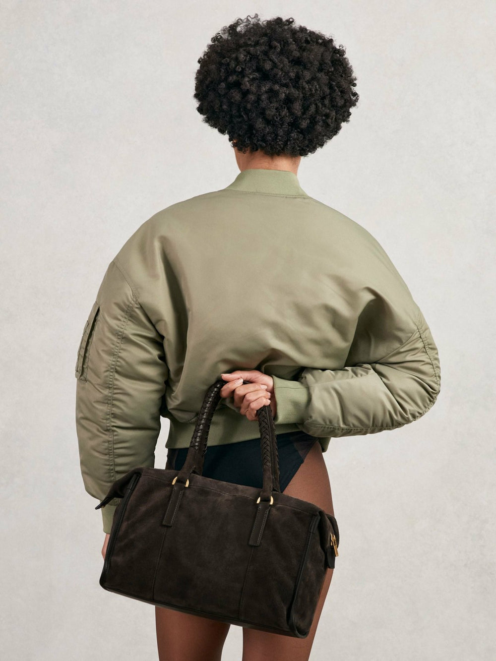 Suede Braided-Strap Bowling Bag in Chocolate