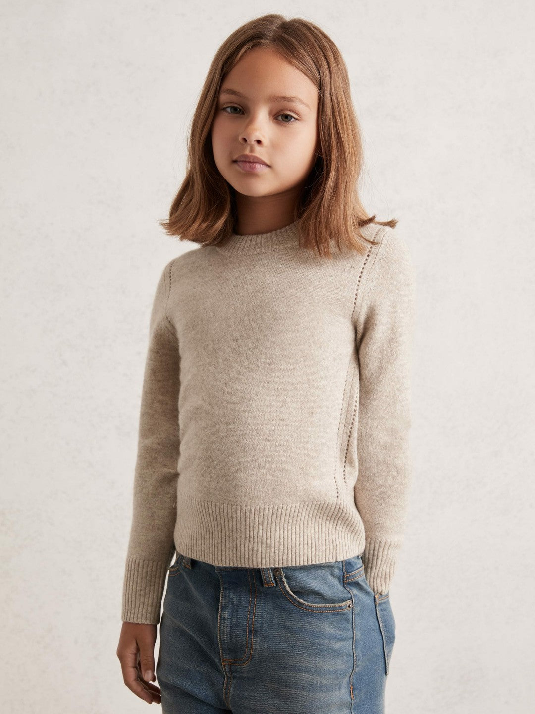 3-9 yrs Wool-Blend Open-Stitch Jumper with Cashmere in Oatmeal