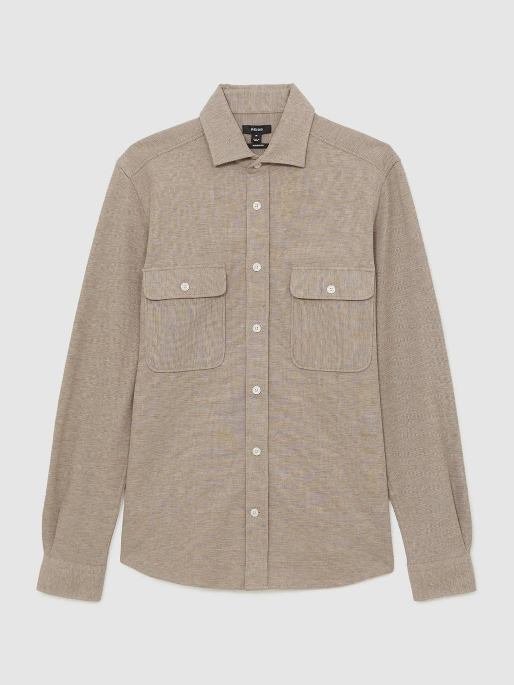 Textured Twin Pocket Cotton Blend Overshirt in Oatmeal Brown Melange