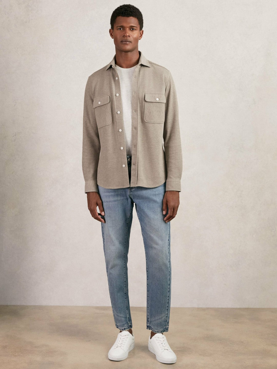Textured Twin Pocket Cotton Blend Overshirt in Oatmeal Brown Melange