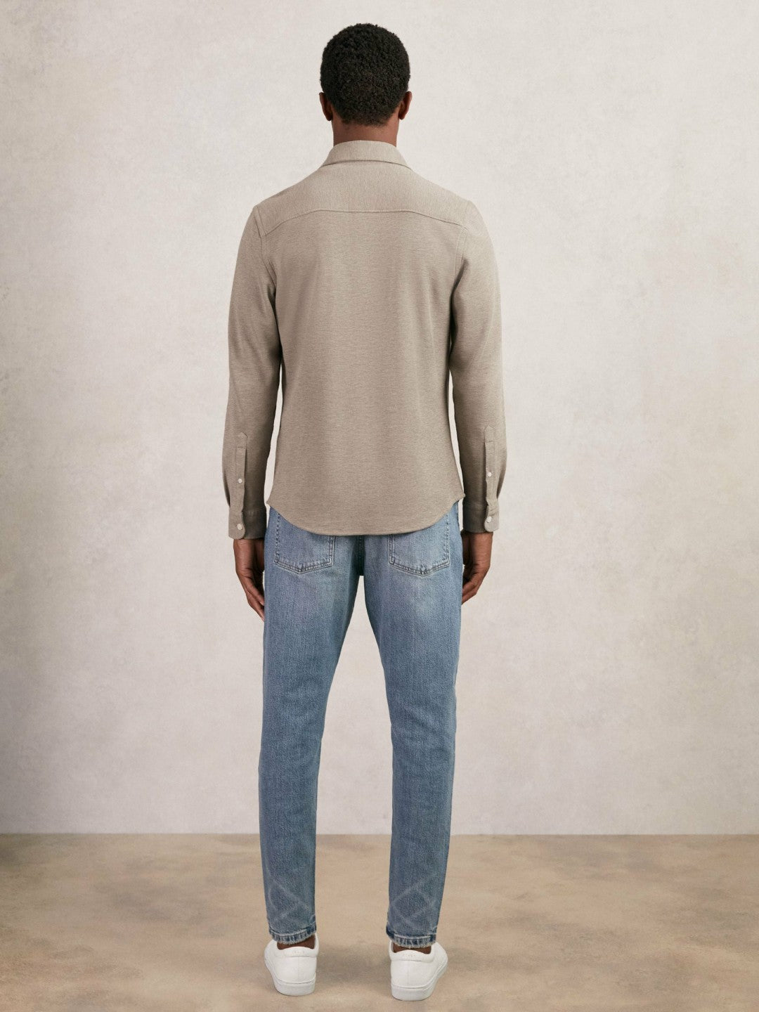 Textured Twin Pocket Cotton Blend Overshirt in Oatmeal Brown Melange