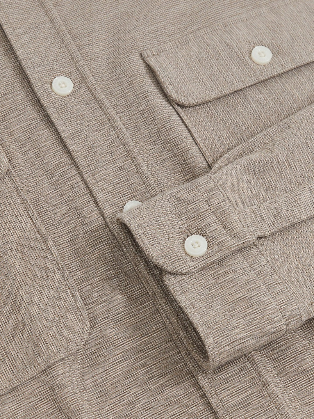 Textured Twin Pocket Cotton Blend Overshirt in Oatmeal Brown Melange